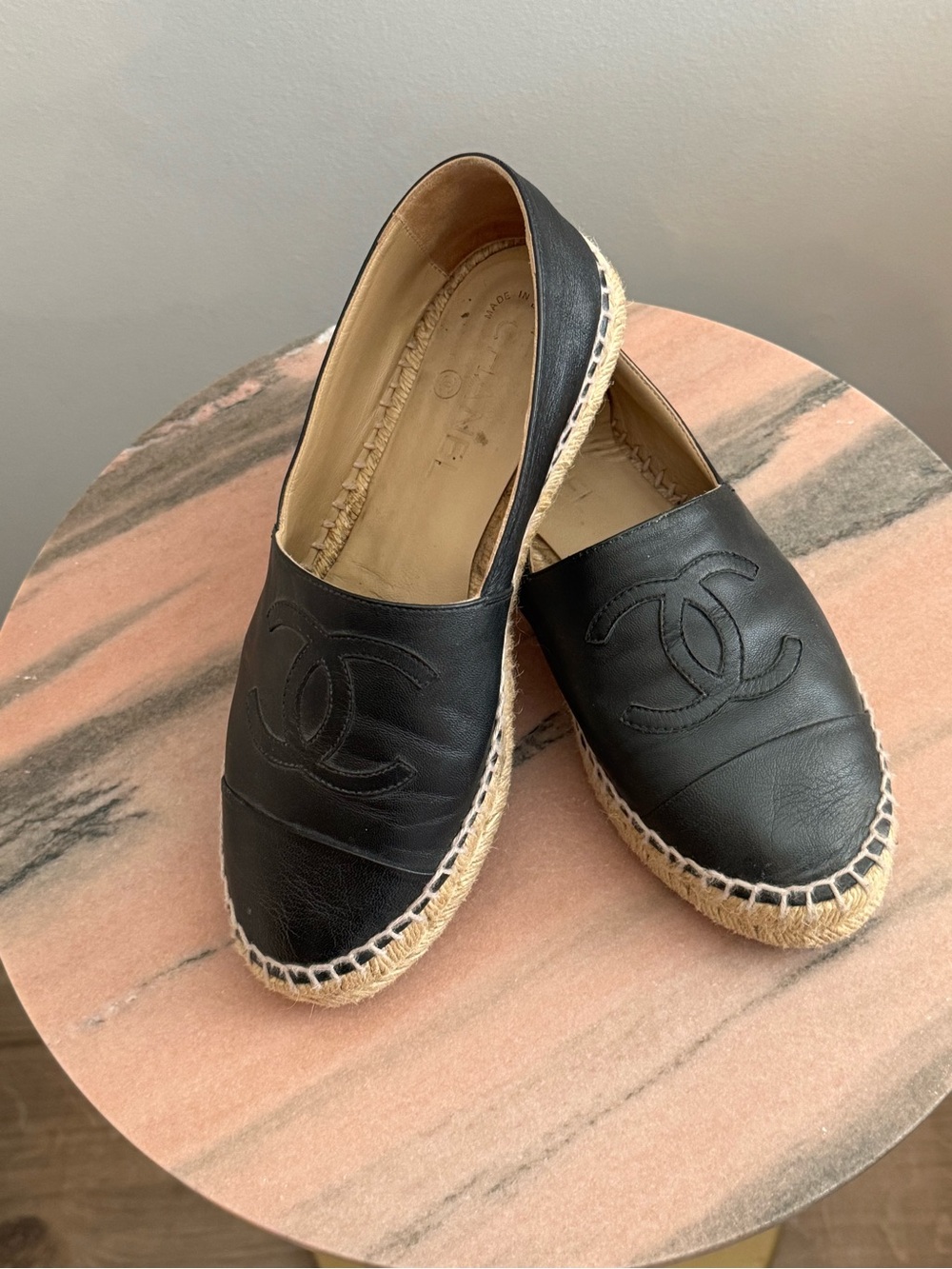 CHANEL Black Leather Espadrilles with CC Logo